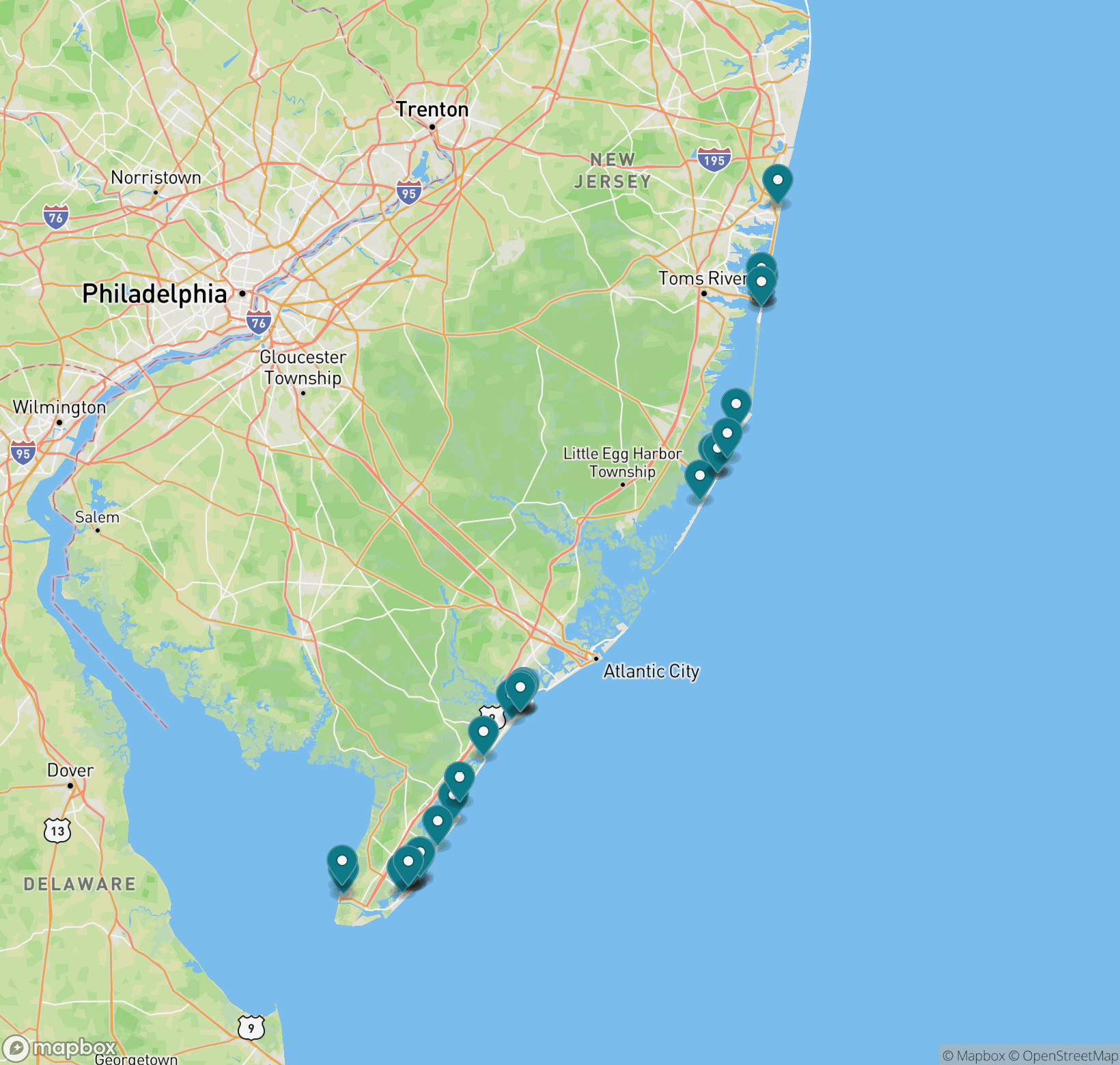 Map preview showing Book Jersey Shore listings along the New Jersey coast